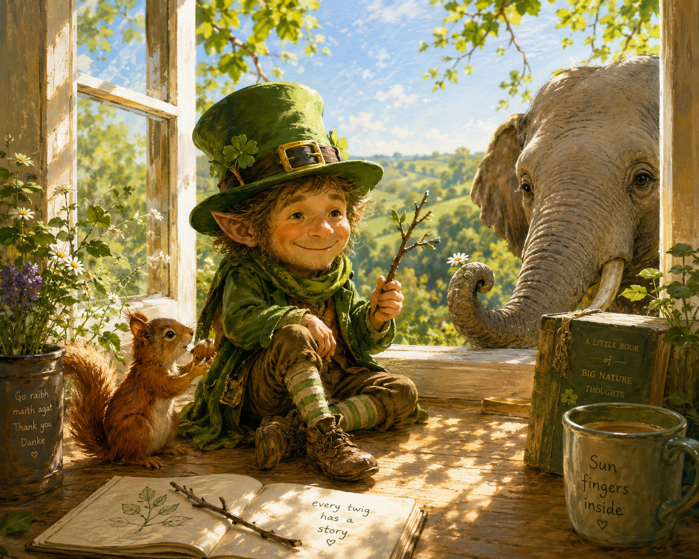 eine sonnige Fensterbank mit Leprechaun, Eichhörnchen und Elefant