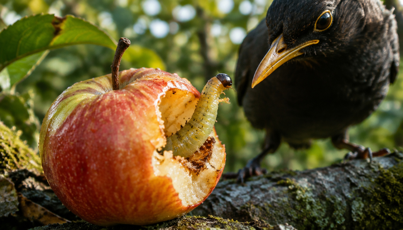a caterpillar peering out of an apple, a hungry blackbird watching it