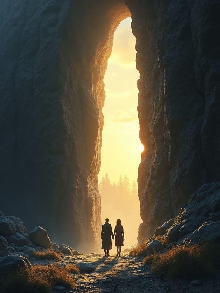 a couple standing in an open rock gate to a sunfilled landscape