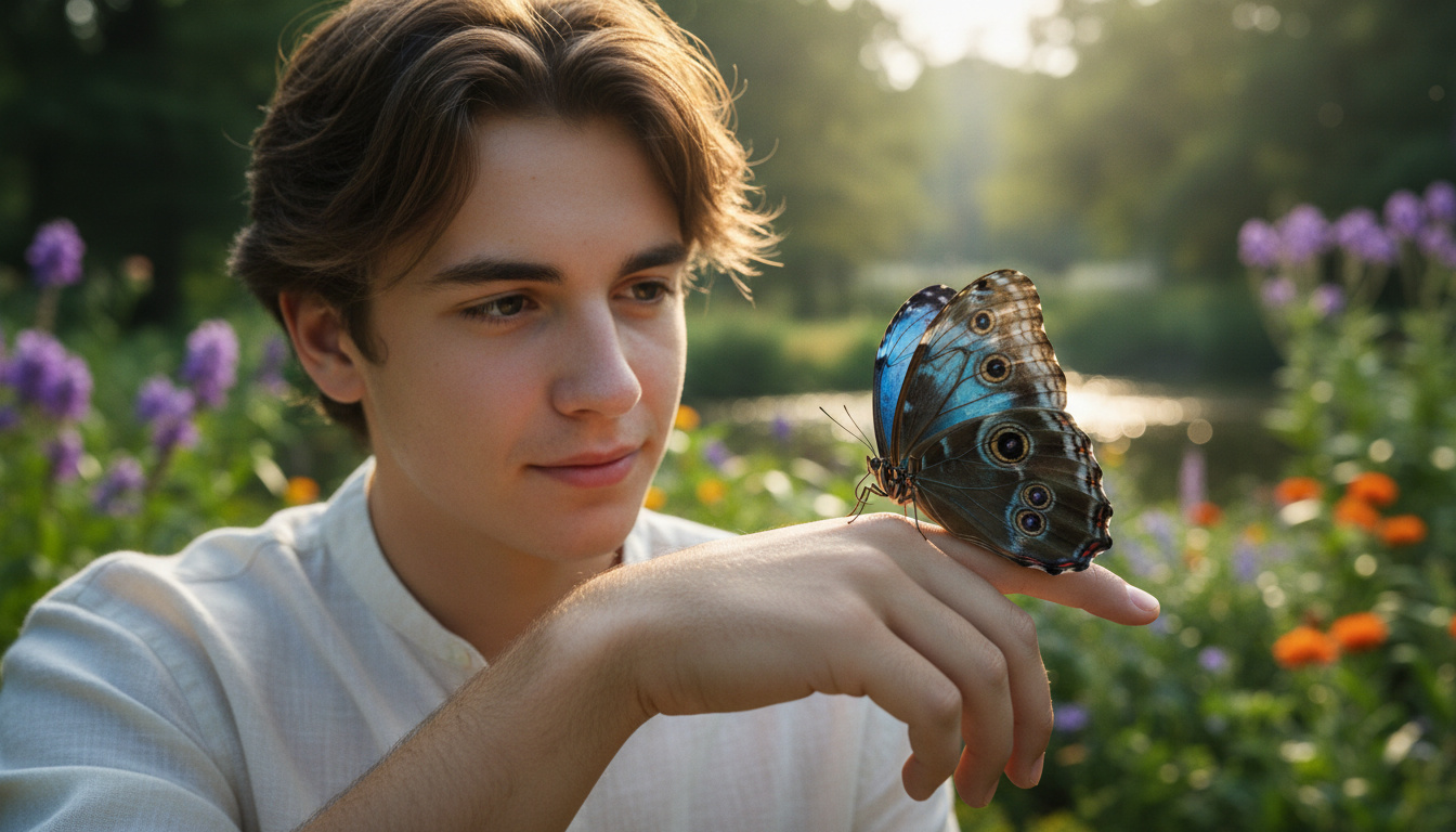 Teenager mit einem Schmetterling auf seinem Finger