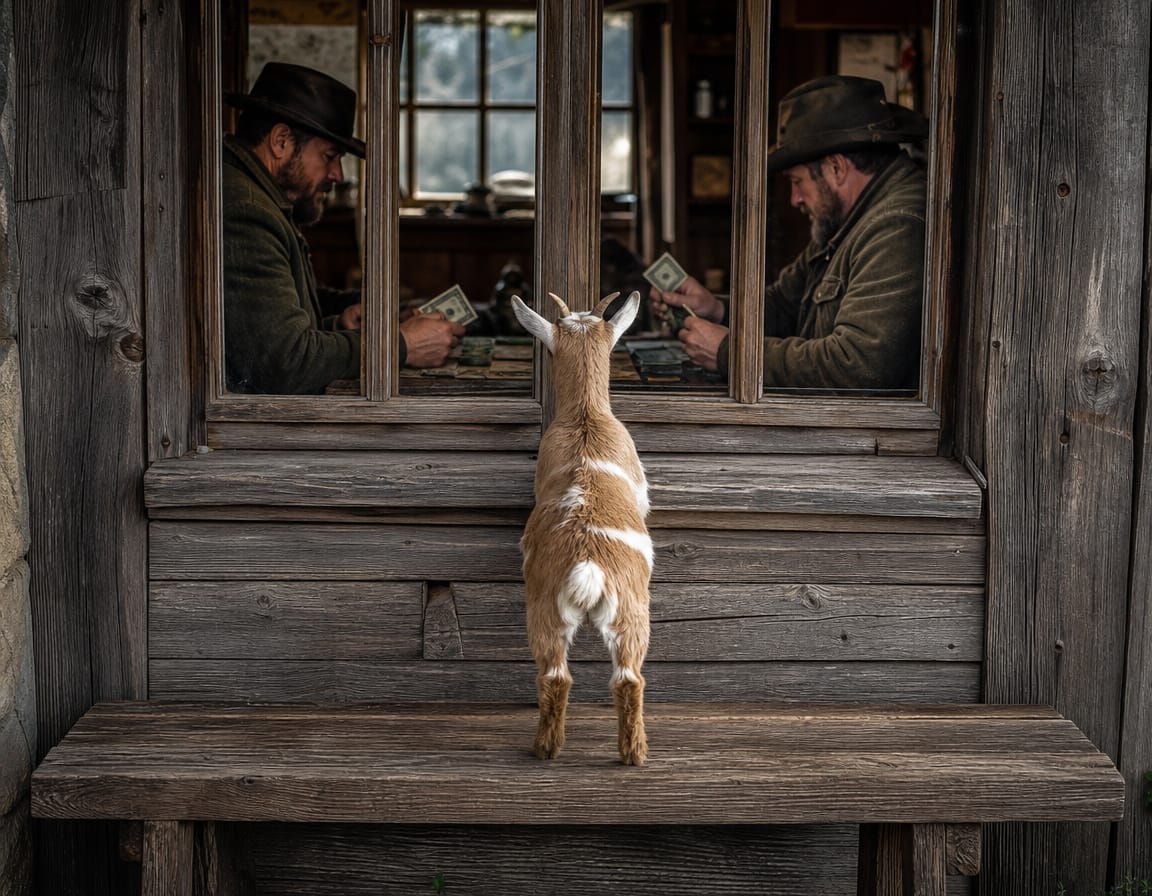 ein zicklein guckt durch ein fenster