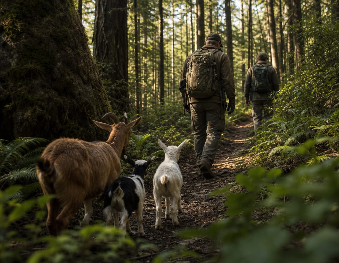 drei ziegen folgen zwei männern im wald