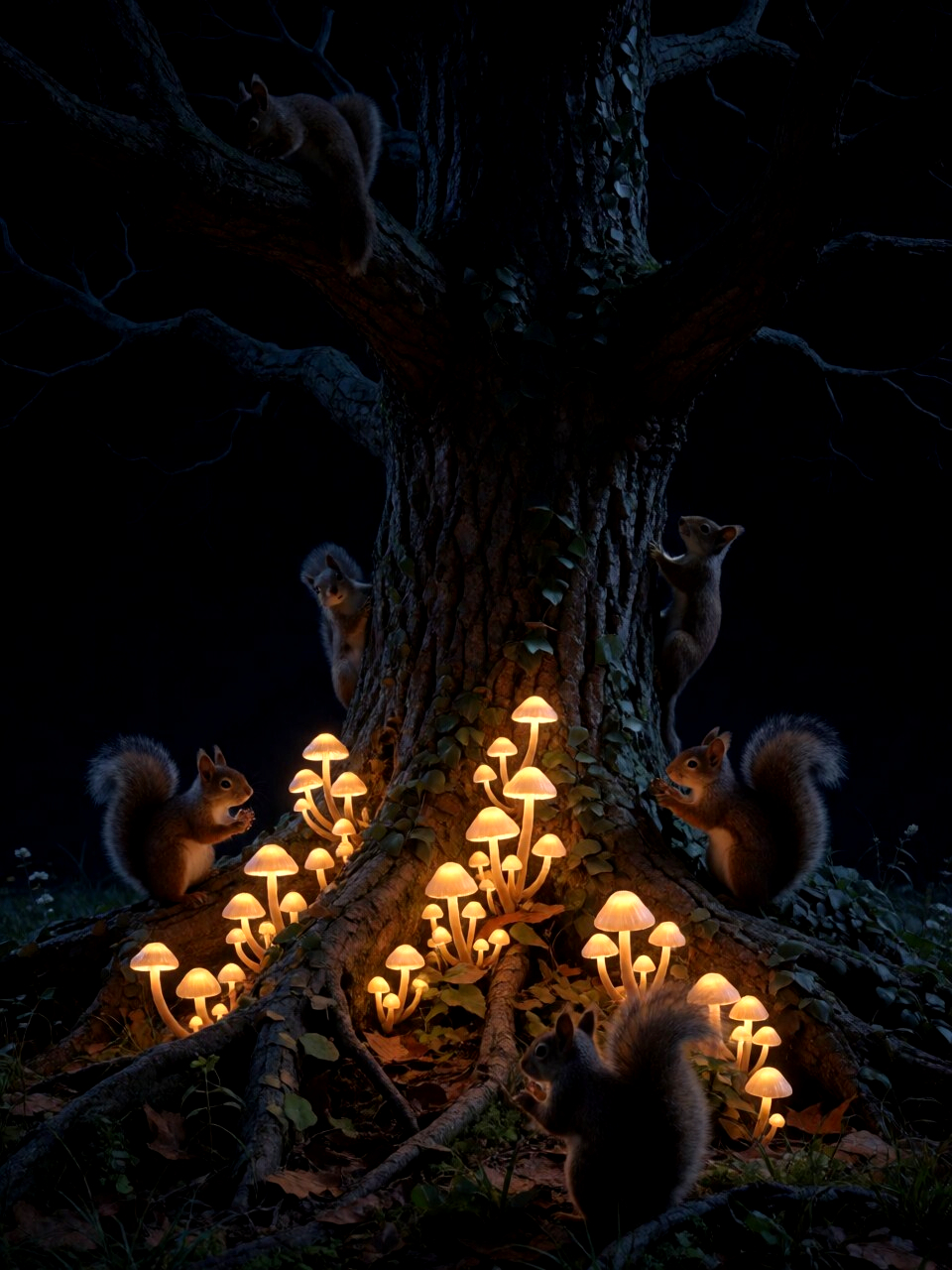a glowing tree with mushrooms in a nocturnal forest