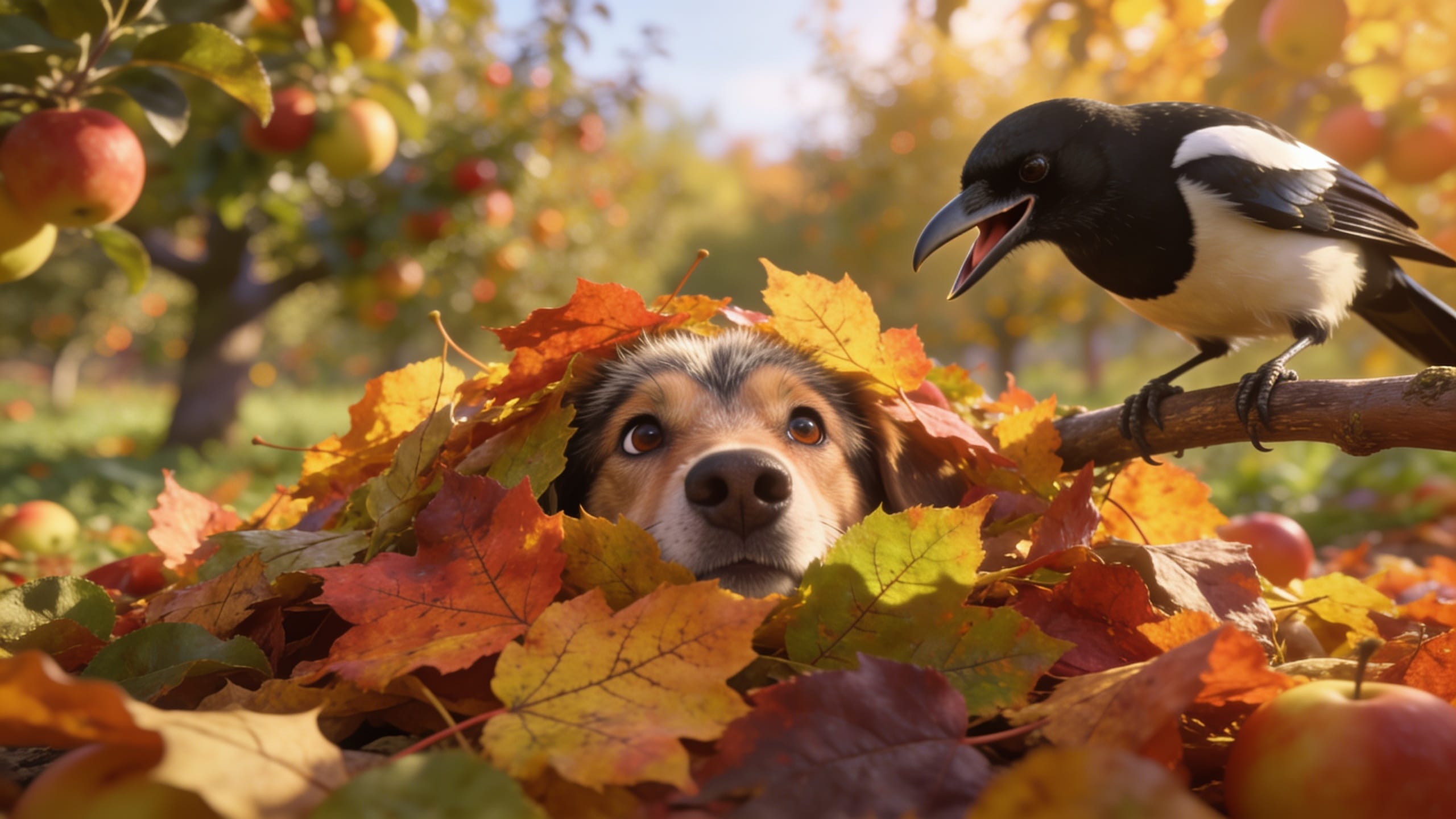 ein hund in einem laubhaufen
