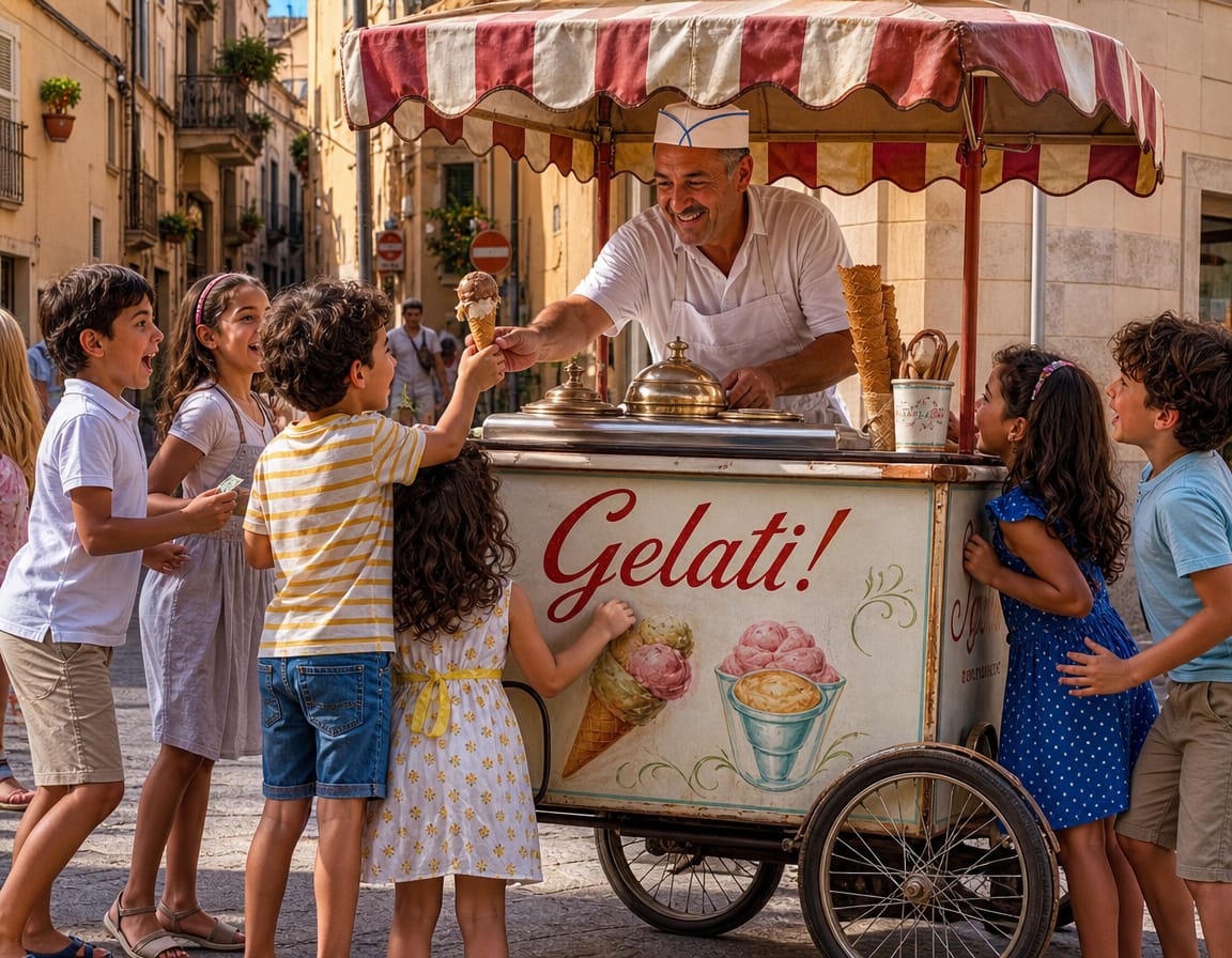 Gelati - Eismann mit Eiswagen und Kindern