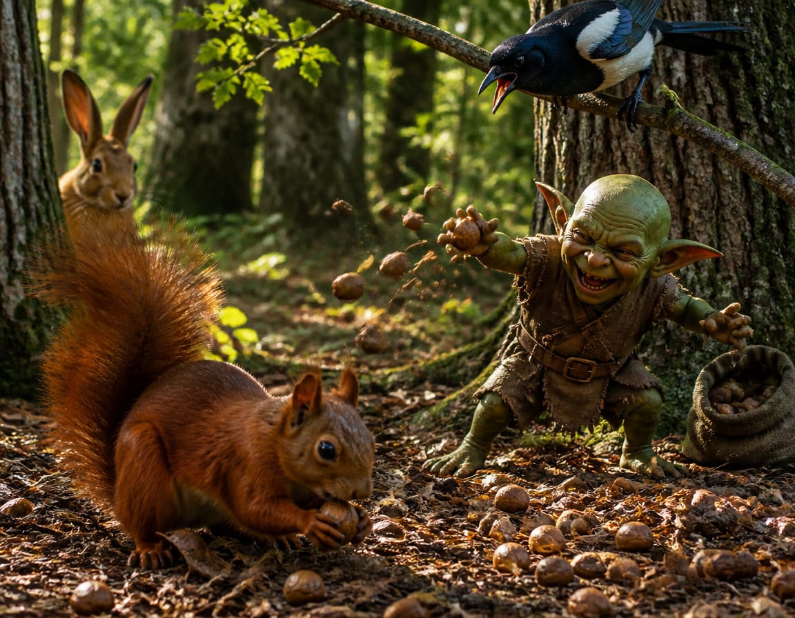 ein kobold bewirft ein eichhörnchen mit nüssen und zweigen