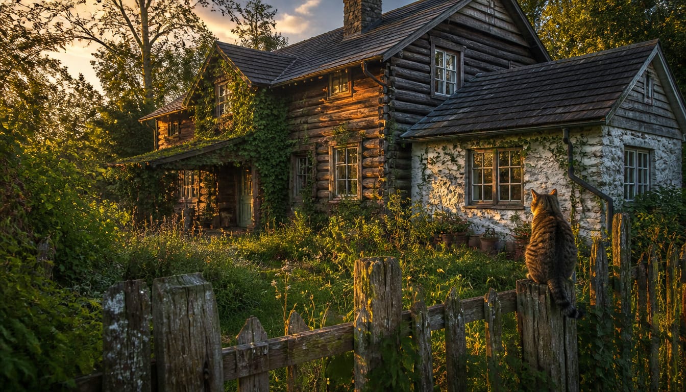 ein Blockhaus in einem verwilderten Garten