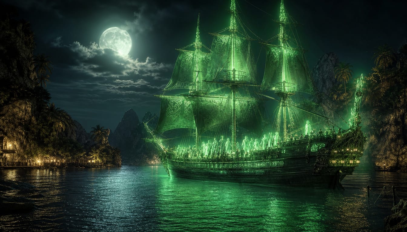 ein grünleuchtendes Geisterschiff in einer vom Vollmond beleuchteten Bucht