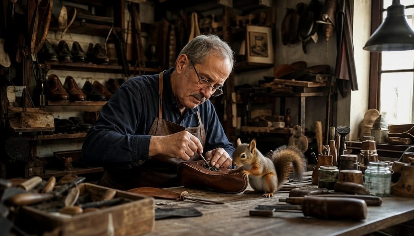 ein schuster an seinem werktisch mit einem eichhörnchen