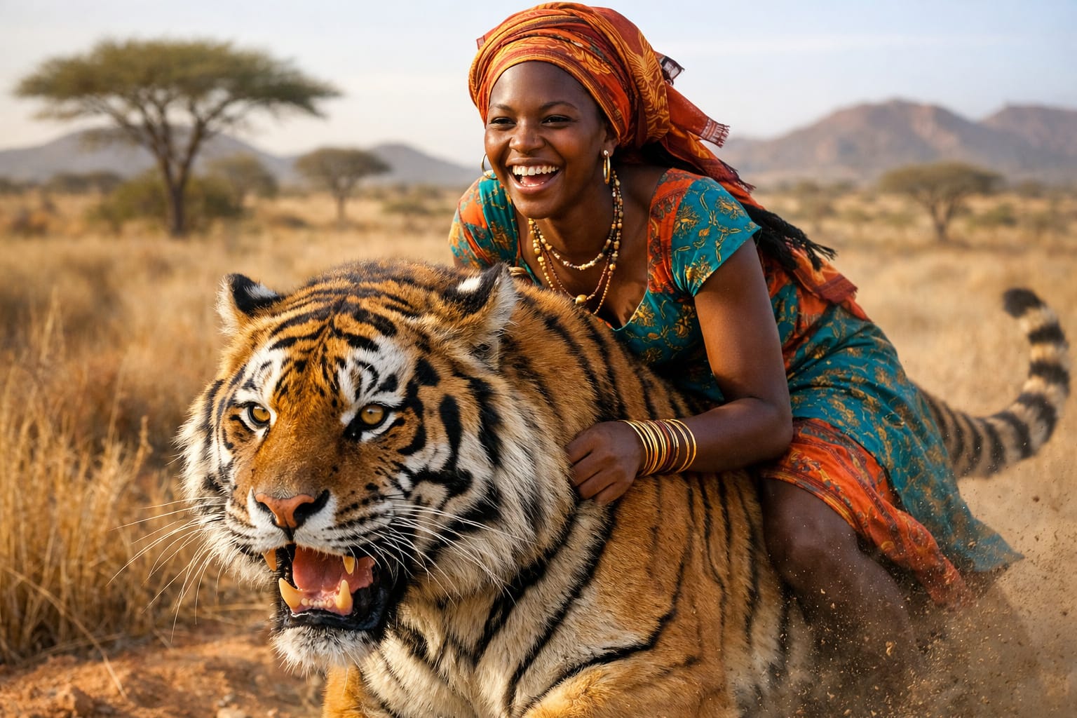 the tiger ride of a young lady in Niger - illustration of a limerick. Tigerrit einer jungen Frau in Niger, Illustration eines Limericks